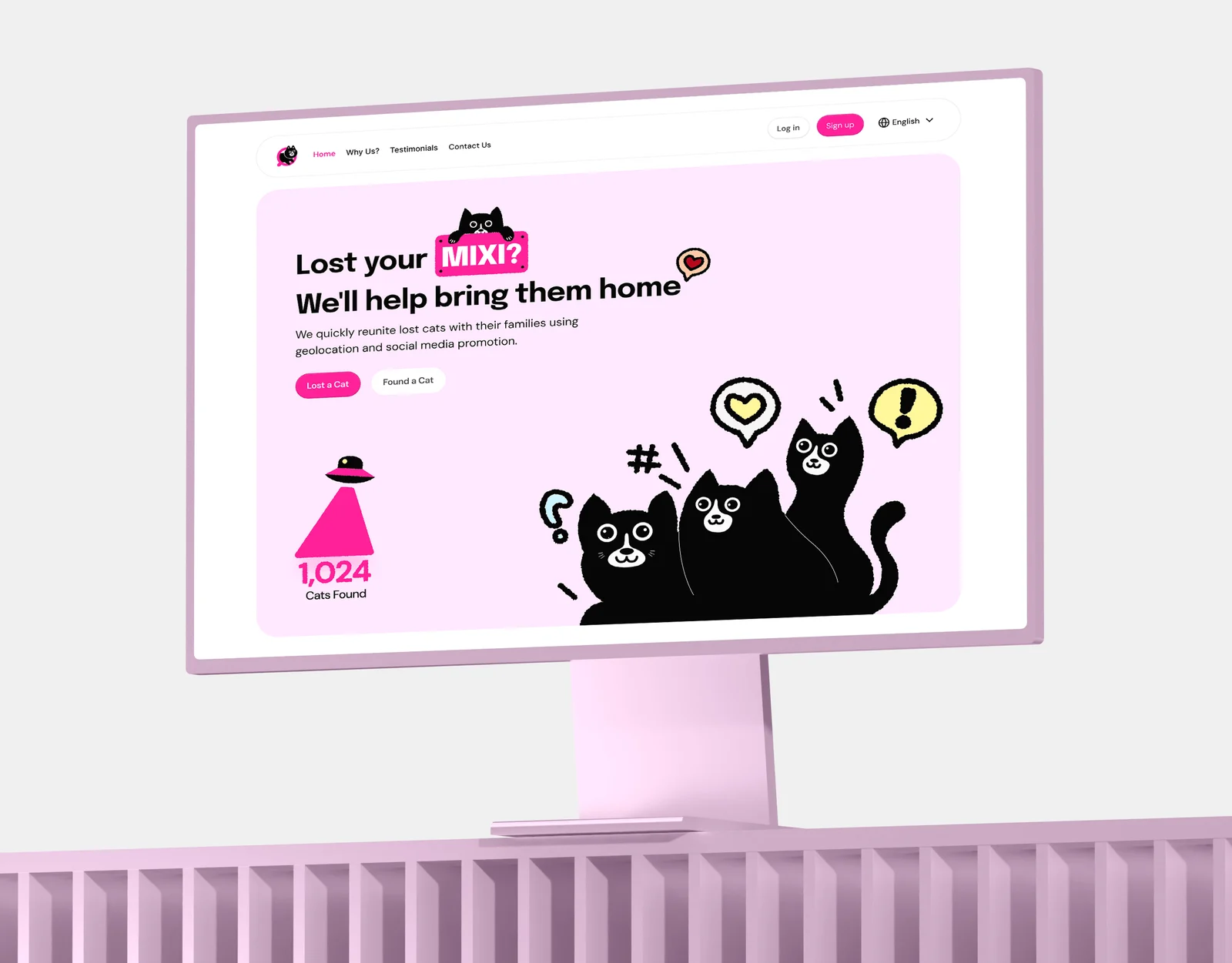 Find My Mixi: Website and branding for a platform where people report lost cats, share found ones and support adoption.