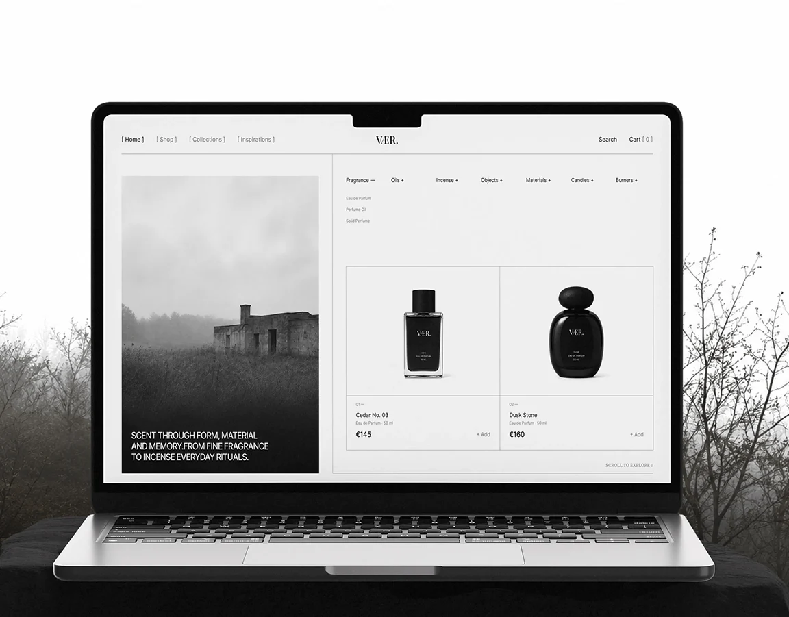 VAER: A minimal e-commerce website for VAER, a contemporary perfume brand, with an editorial look and a short path to checkout.